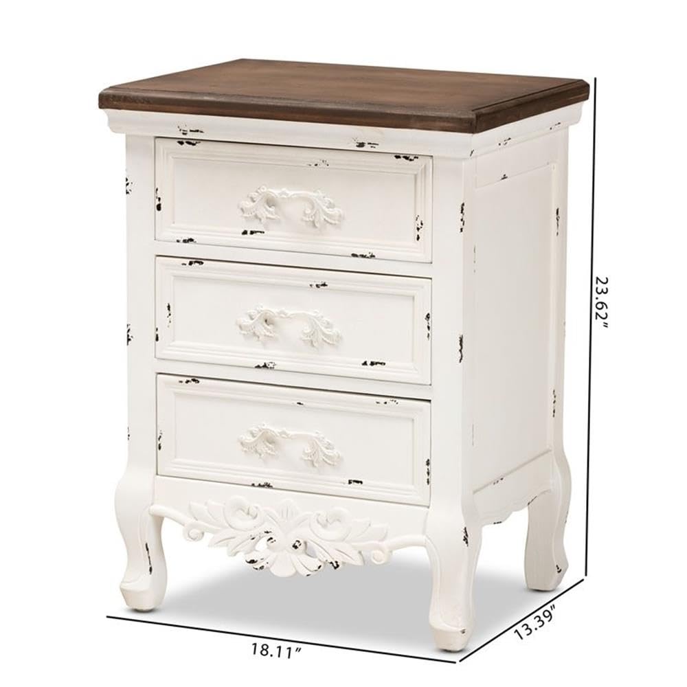 Baxton Studio Levron Classic and Traditional Walnut Brown and Antique White Finished Wood 3-Drawer Nightstand